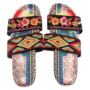 Embroidered Floral Double-Strap Slide Sandals Multicolor Johnny Was BOHO